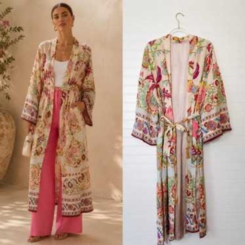 Zara Womens Floral Print Long Kimono Robe Belted Duster Multicolor Size M
